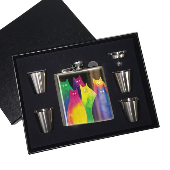 KuzmarK 6 oz. Stainless Steel Flask Set in Black Presentation Box -  Very Colorful Two-Toned Chunky Kitties Art by Denise Every