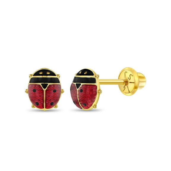 14k Yellow Gold Red Enamel Ladybug Screw Back Earrings for Infants to Toddlers