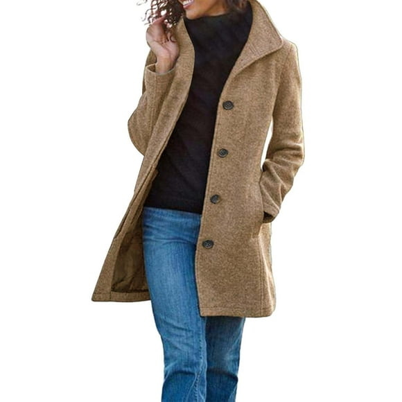 Baberdicy Woolen Coat Women's Solid Color Vintage Mid Length Button Wool Jacket Coat Women's Wool & Blends Khaki