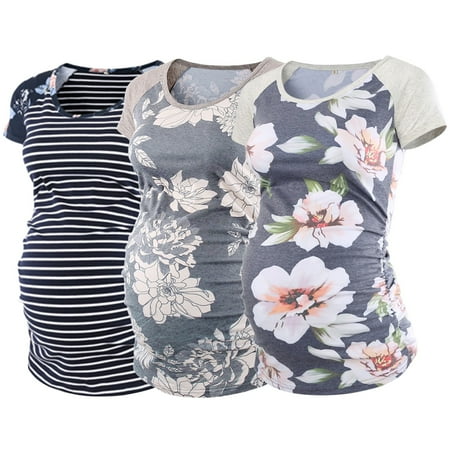 

Womens Maternity T-Shirt Tops Short Sleeve Floral Printed Ruched Basic Blouse 3 Pack Pregnancy Shirt Clothes For Womens