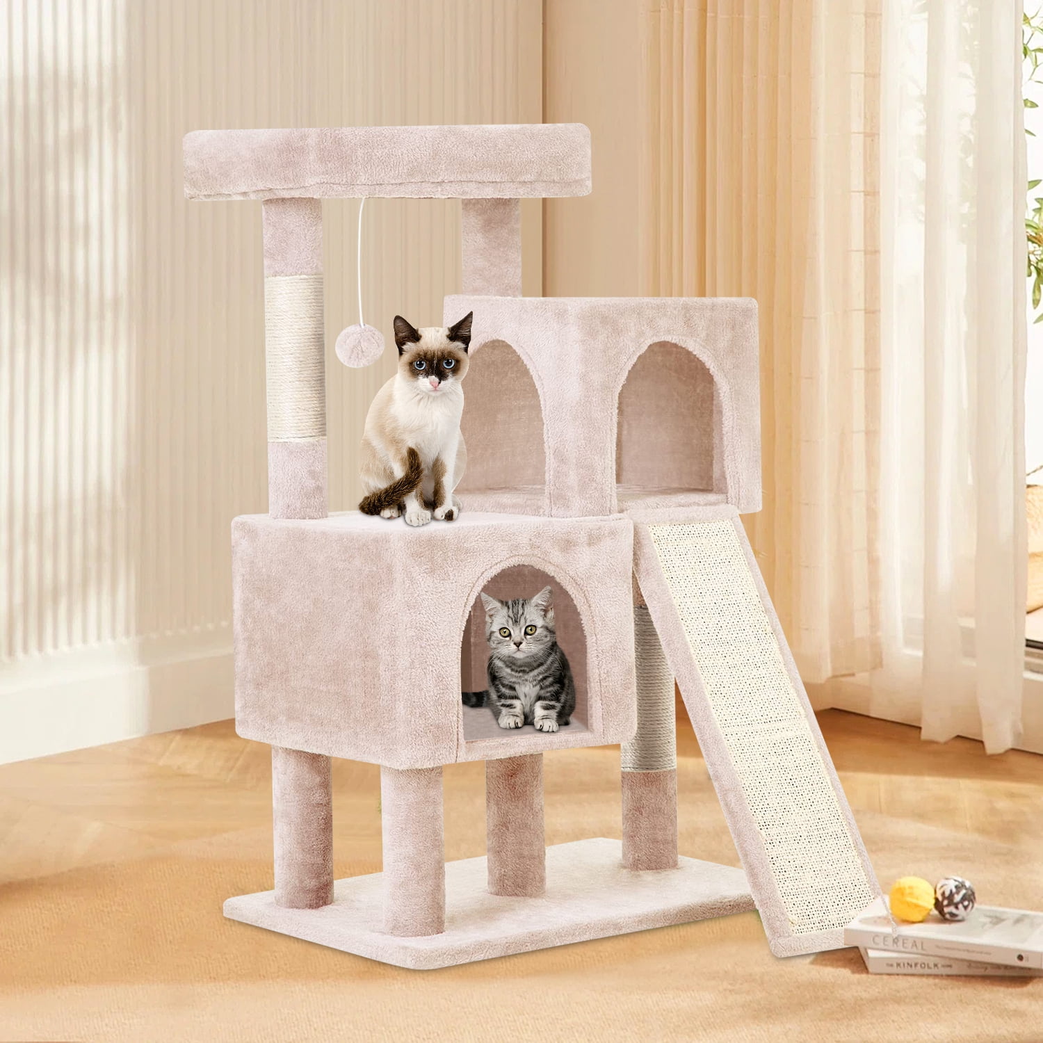 36 inches Cat Tree for Indoor Cats Cat Tower with Scratching Posts Multi-Level Cat Furniture Condo with Ramp Perch Spacious Cat Cave (Beige)