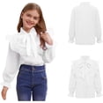 thumbnail image 2 of YunPes Girls Tulle Mock Neck Blouses Puff Sleeve Floral Ruffle Front Shirt with Bow Tie Kids Elegant Button Down Shirts Uniform Tops, 2 of 6