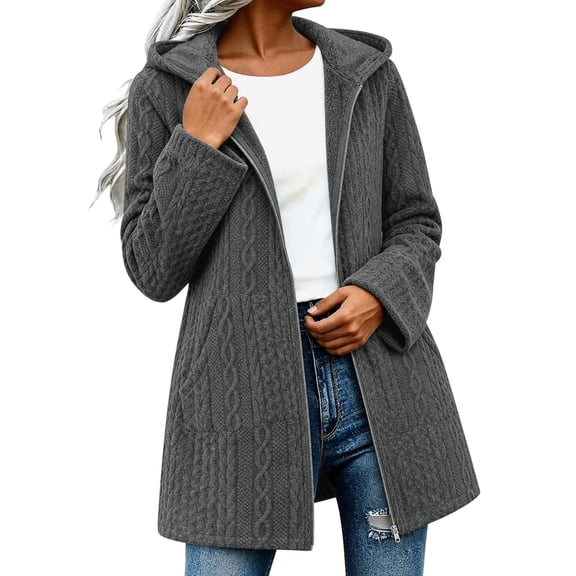 CQONEPT Cable Knit Hooded Coat for Women Zip Up Long Sleeve Sweater Sweater Cozy Fall Winter Warm Jacket with Pocket Teacher Daily Outfit