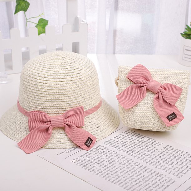 Sombrero de sol para niños, sombrero de sol para niñas, sombrero de paja de verano, conjunto de bolso pequeño, sombrero de pescador con protector solar de verano para playa de princesa