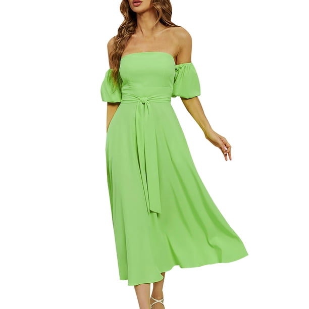 Gibobby Vestido Causal para Mujer de Verano Vestido de verano de color para mujer Vestido maxi con abertura lateral de manga de burbuja para vacaciones(Verde,G)