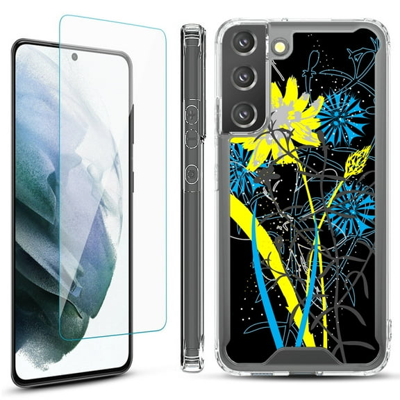 Shockproof Bumper Phone Case for Samsung Galaxy S22  / S22 Plus 5G, with Tempered Glass Screen Protector, by OneToughShield ® - Wild Flowers