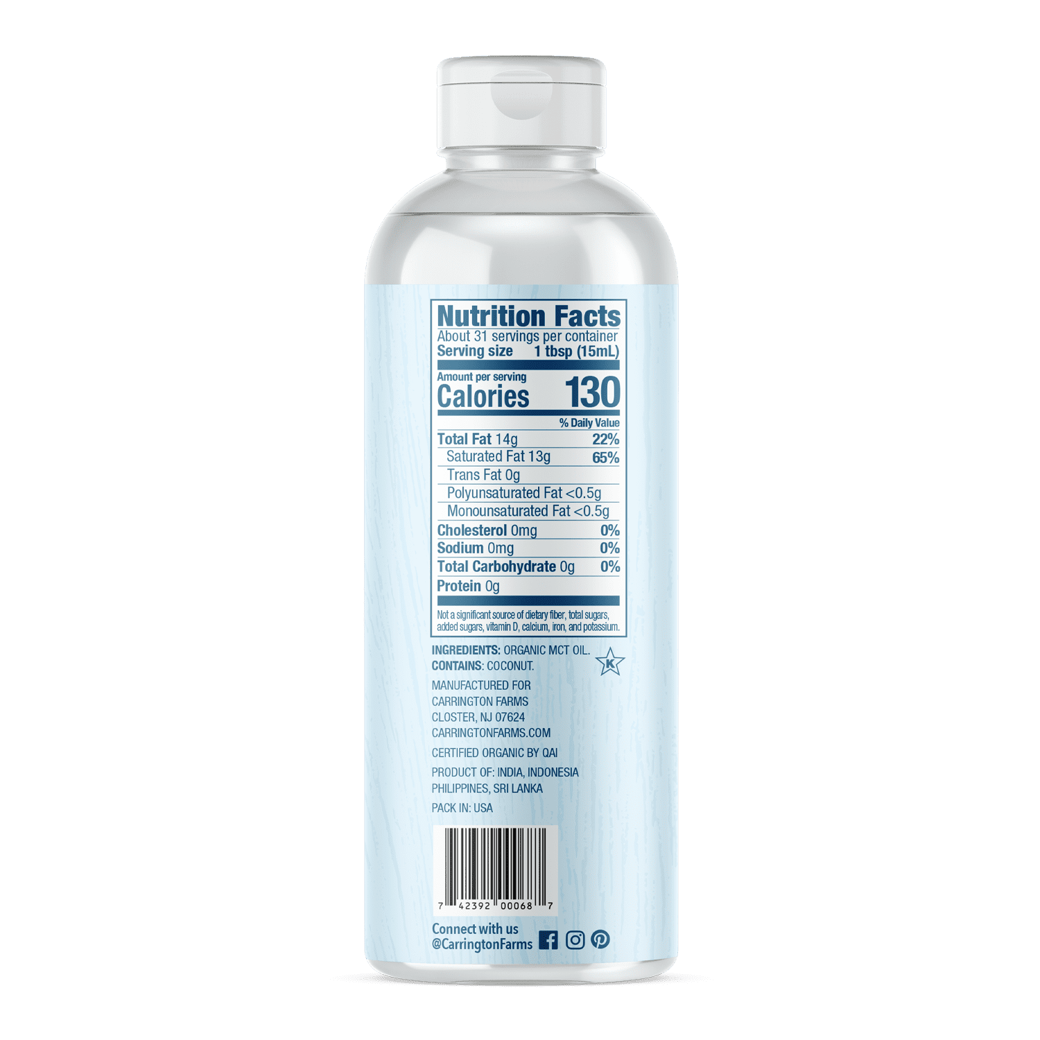 Carrington Farms Organic Medium Chain Triglyceride Oil, 16oz Plastic Bottle