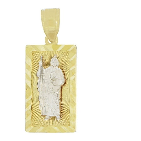 14k Yellow Gold White Rhodium, Small Saint Jude Figure Pendant Religious Charm Medal 10mm