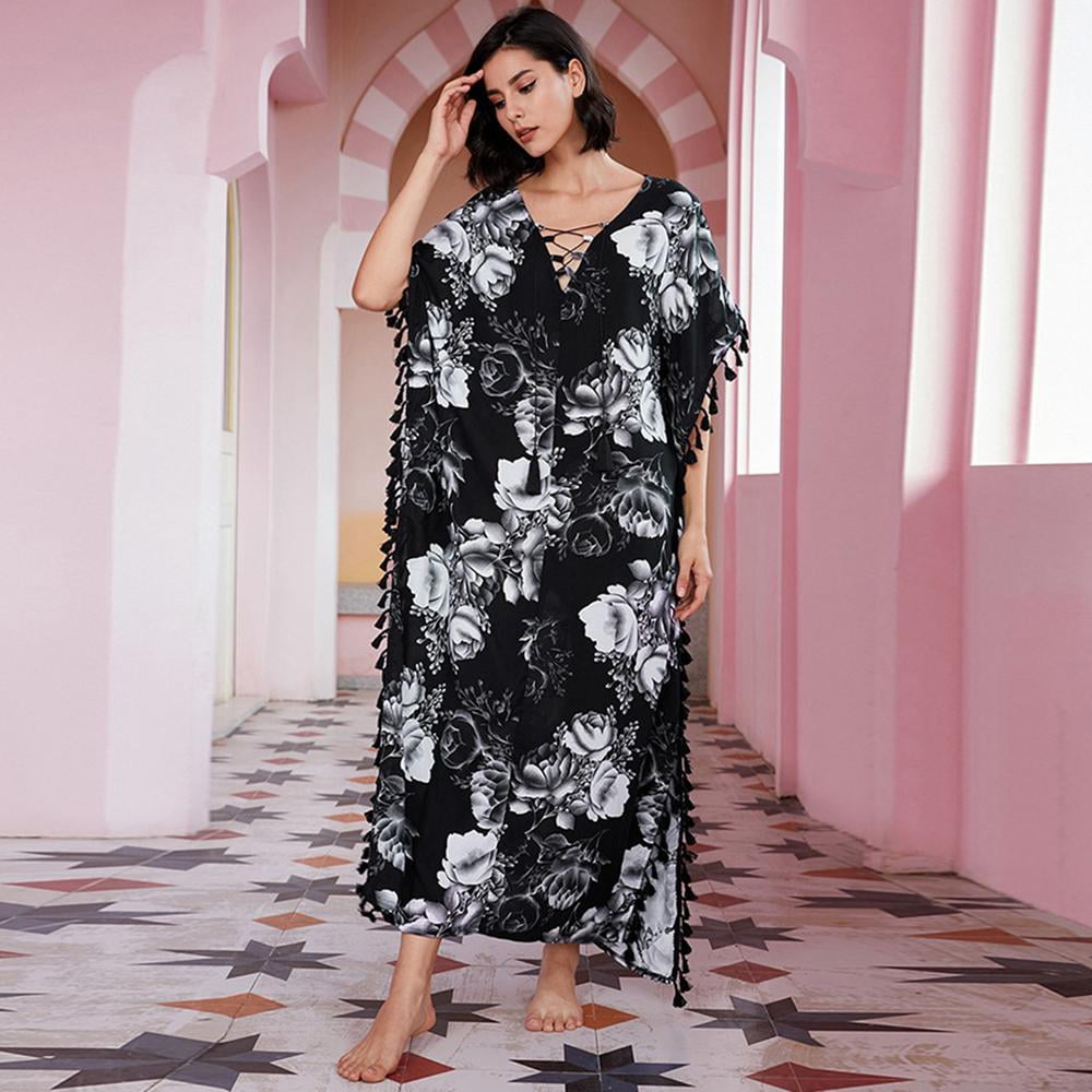 Black & Kimono Maxi Dress Floral Long Kaftan Plus Size Caftan Nightdress Kimono Women - Walmart.com