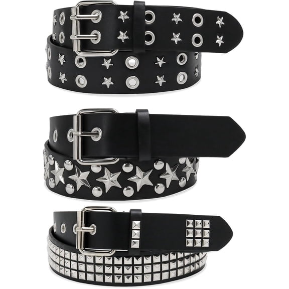 3 Pcs Black Studded Belt Y2K Belt Star Gothic Punk Rock Belts with Grommet Threads Bright Metal Pyramid for Women Men
