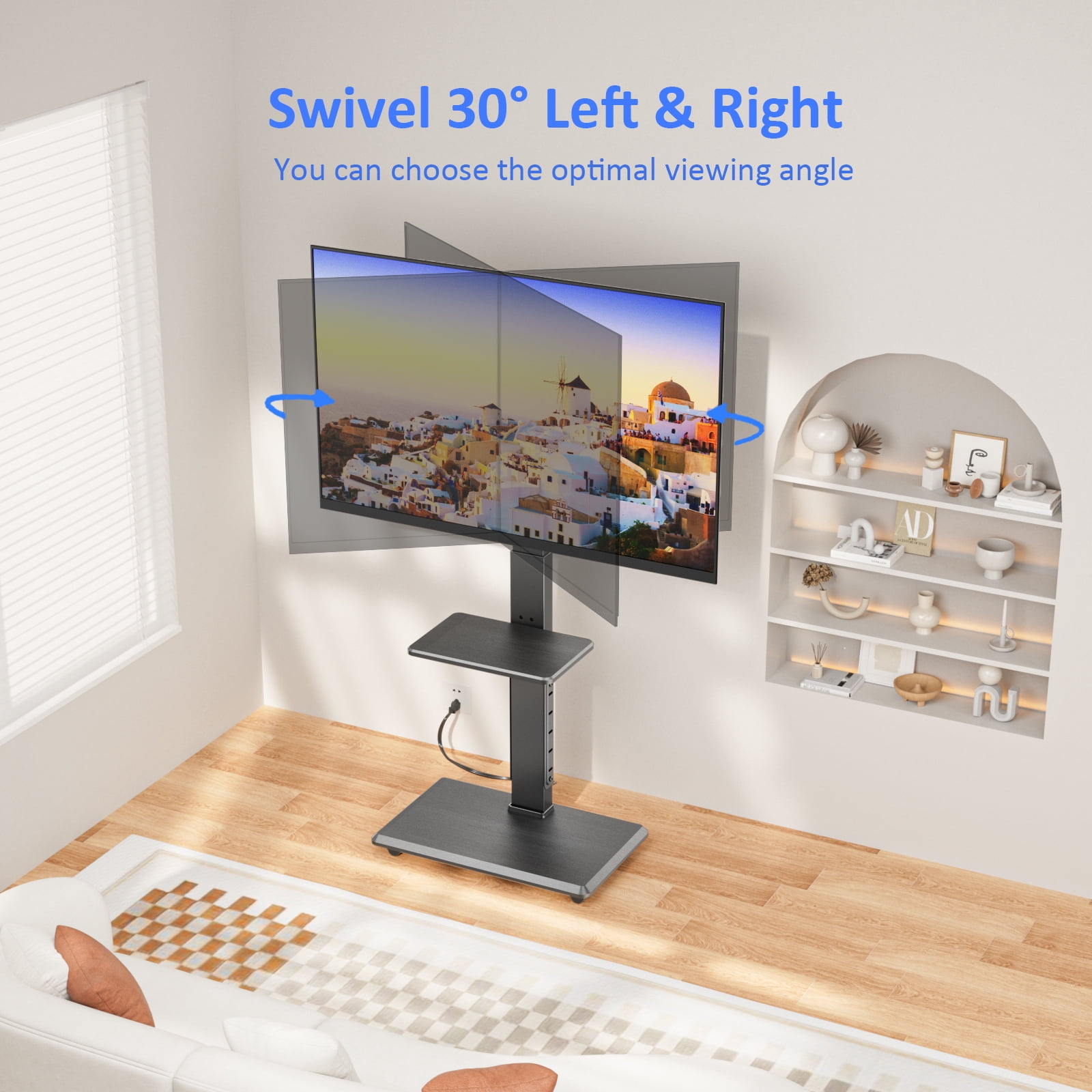 Rolling TV Stand with Power Outlet, Mobile TV Cart for 32-75 Inch TVs up to 110 lbs, 18 Adjustable Heights, Max VESA 600x400mm, TV Floor Stand with Swivel Mount/Shelf/Wheels, Fits for Bedroom