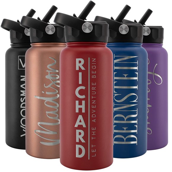 Amazing Items Bouteille d'Eau Personnalisée avec Paille et Couvercle, 32 oz - Rouge Feu / Bouteille d'Eau de Sport en Acier Inoxydable Personnalisée avec Nom et Texte - Double Paroi, Isolée sous Vide - Poignée Rotative