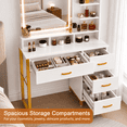 thumbnail image 2 of CLOUDREST PRO Makeup Vanity Desk with LED Lighted Mirror for Bedroom, 3 Color Lighting Modes, Storage Drawers & Open Shelves, Gold & White Beauty Dressing Table for Women, White, 2 of 6