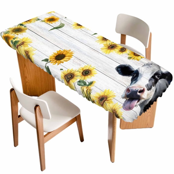 Cow Sunflowers Table Cloths for 8 Foot Rectangle Tables, Farmhouse Animals Plants Wooden Grain Patio Waterproof Elastic Fitted Tablecloths, Washable Rectangular Table Cover for Camping
