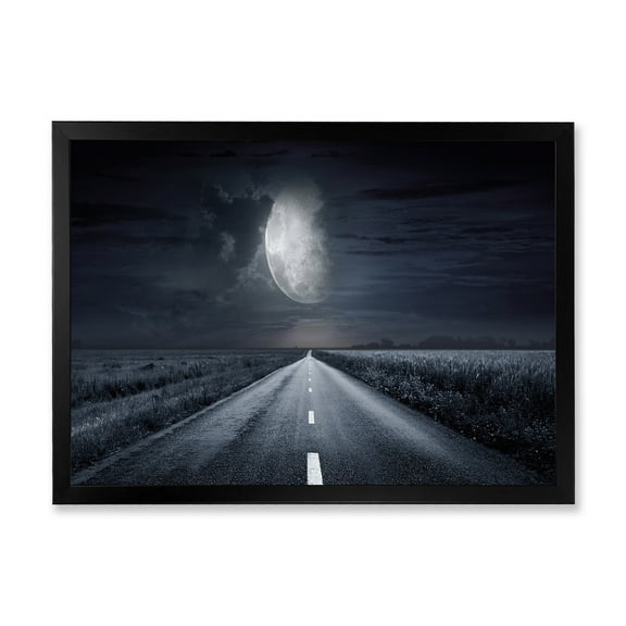 Designart 'Cloudy Full Moon Over Asphalt Road III' Nautical & Coastal Framed Art Print