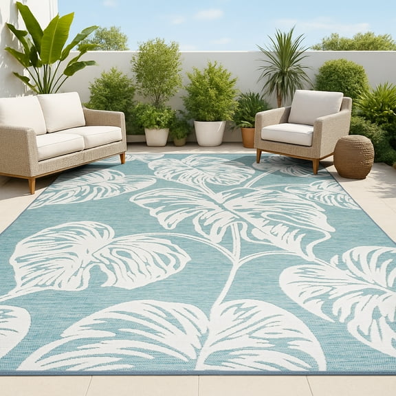 JONATHAN Y HAWAII 4 x 6 Area Rug, Tobago Two-Tone Monstera Leaf - Blue/Ivory, HWC100C-4