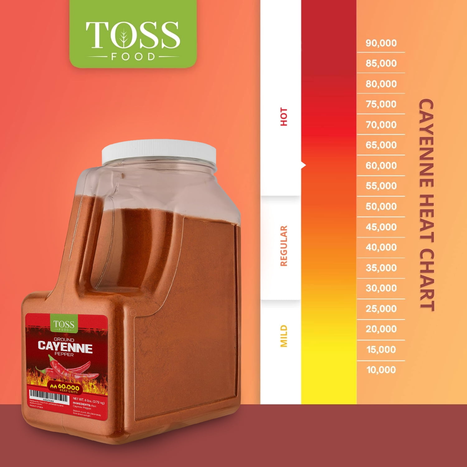 Toss Extra Hot Cayenne Pepper Powder, Bulk 60,000 Heat Units, 6 lb - Ground Cayenne Pepper Spice for Home and Commercial Cooking