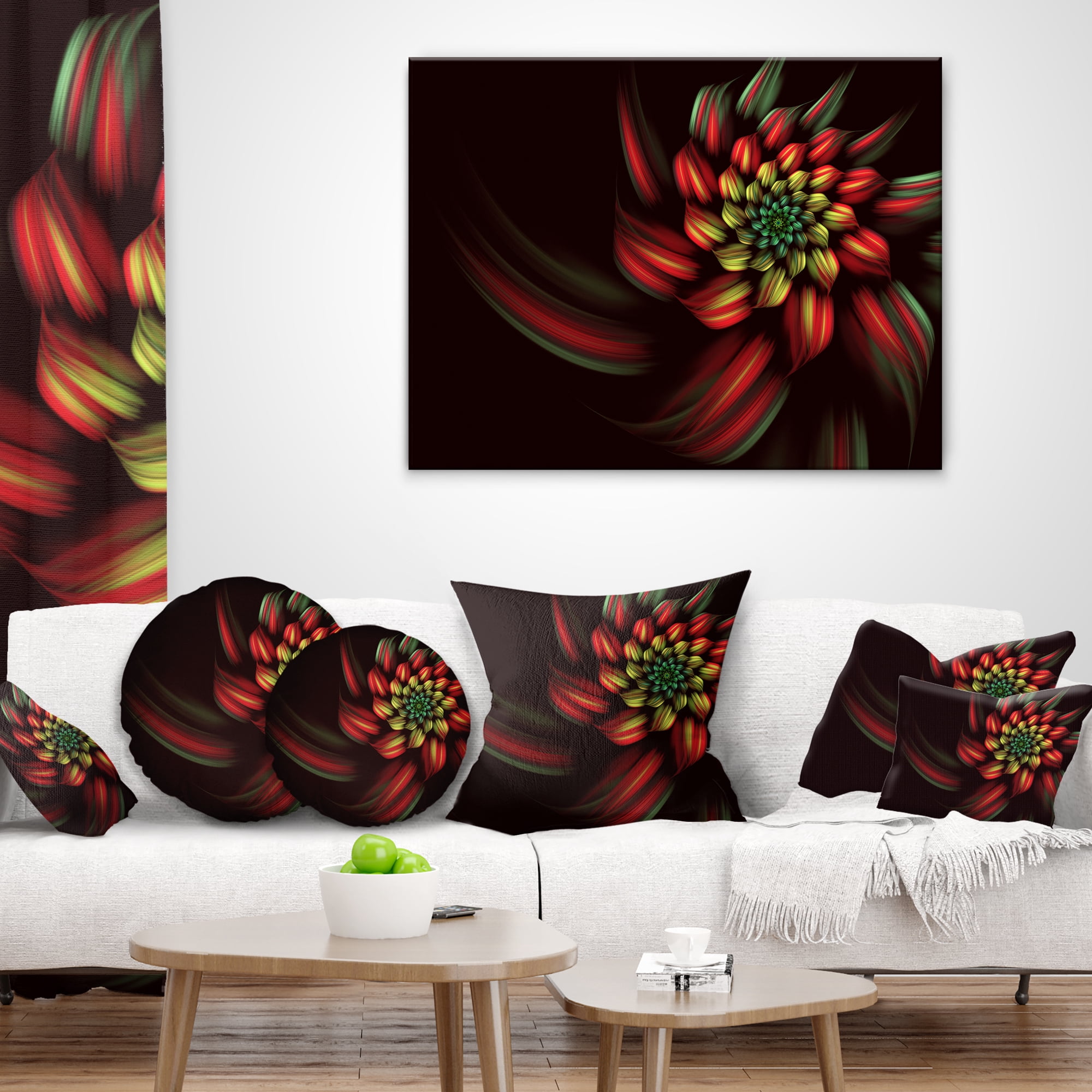 Designart Red Abstract Fractal Flower Spiral - Floral Throw Pillow - 12x20