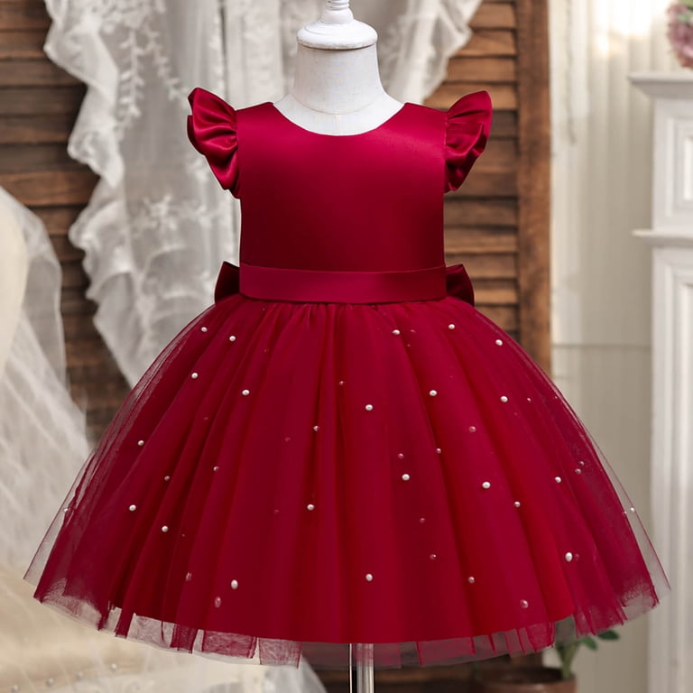 Cuzibr Girls Tutu Sequins Dress Ruffle Sleeve Solid Color Glitter High Waist Tulle Long Dresses Party Formal Elegant Wedding Birthday Gowns,Red,4-5