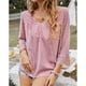 thumbnail image 3 of Top informal para mujer, cuello en V, manga de empalme de encaje de tres cuartos, camisa transpirable de Color puro para mujer, 3 of 8