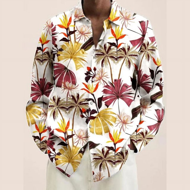 Camisa de manga larga para hombre con estampado 3D de hojas y plantas, camisa informal de moda con solapa y botones, camisa de gran tamaño para primavera y otoño