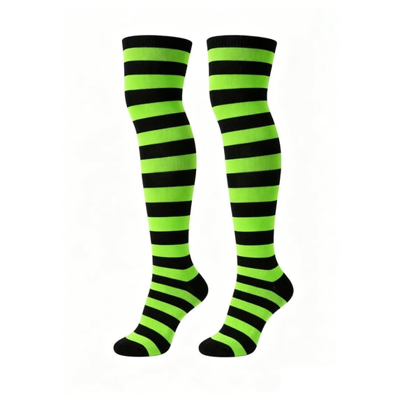 AWZXDE Womens Halloween Knee‑High Socks Black Neon‑Green Horizontal Striped Knit Socks for Witch Cosplay Great for Halloween Party Carnival Dress‑up and Themed Festival Accessories