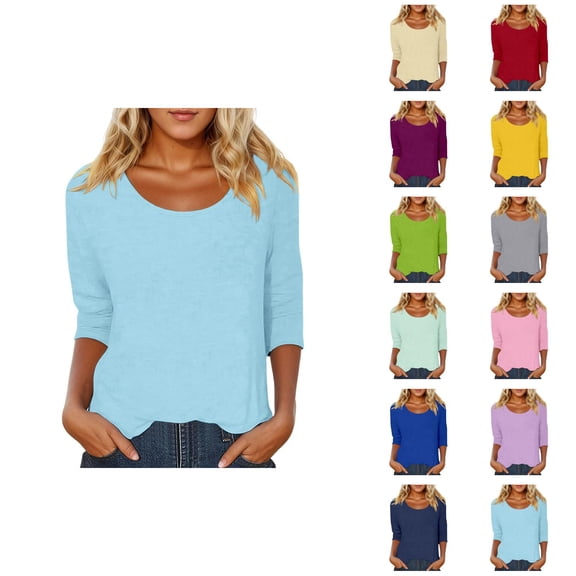 Womens 3/4 Sleeve Tops Scoop Neck Plain Casual Spring Summer Blouses Basic Tees