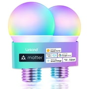 Smart Light Bulbs, Linkind Matter Wifi Color Changing LED Light Bulbs, 9W (60Watt Eqv), A19 E26 RGB Dimmable Smart Light Bulbs Work with Alexa, Google Home, Smartthings, Music Sync, 2 Pack