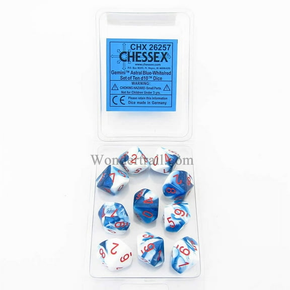 Astral Blue and White Gemini Dice with Red Numbers D10 16mm (5/8in) Pack of 10 Dice Chessex