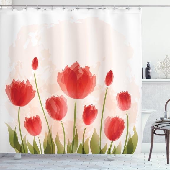 Ambesonne Floral Shower Curtain, Romantic Tulip Blossoms, 69"Wx70"L, Vermilion Green Peach