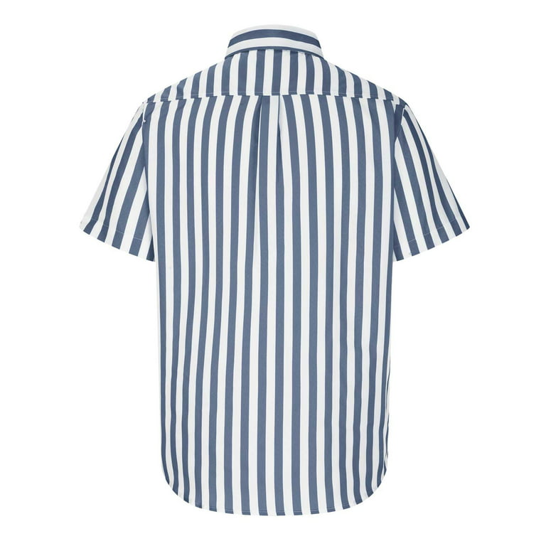 RYRJJ Men's Striped Business Dress Shirts Slim Fit Short Sleeve Button Up  Shirts Casual Summer Beach Shirt with Chest Pocket(Navy,L) 