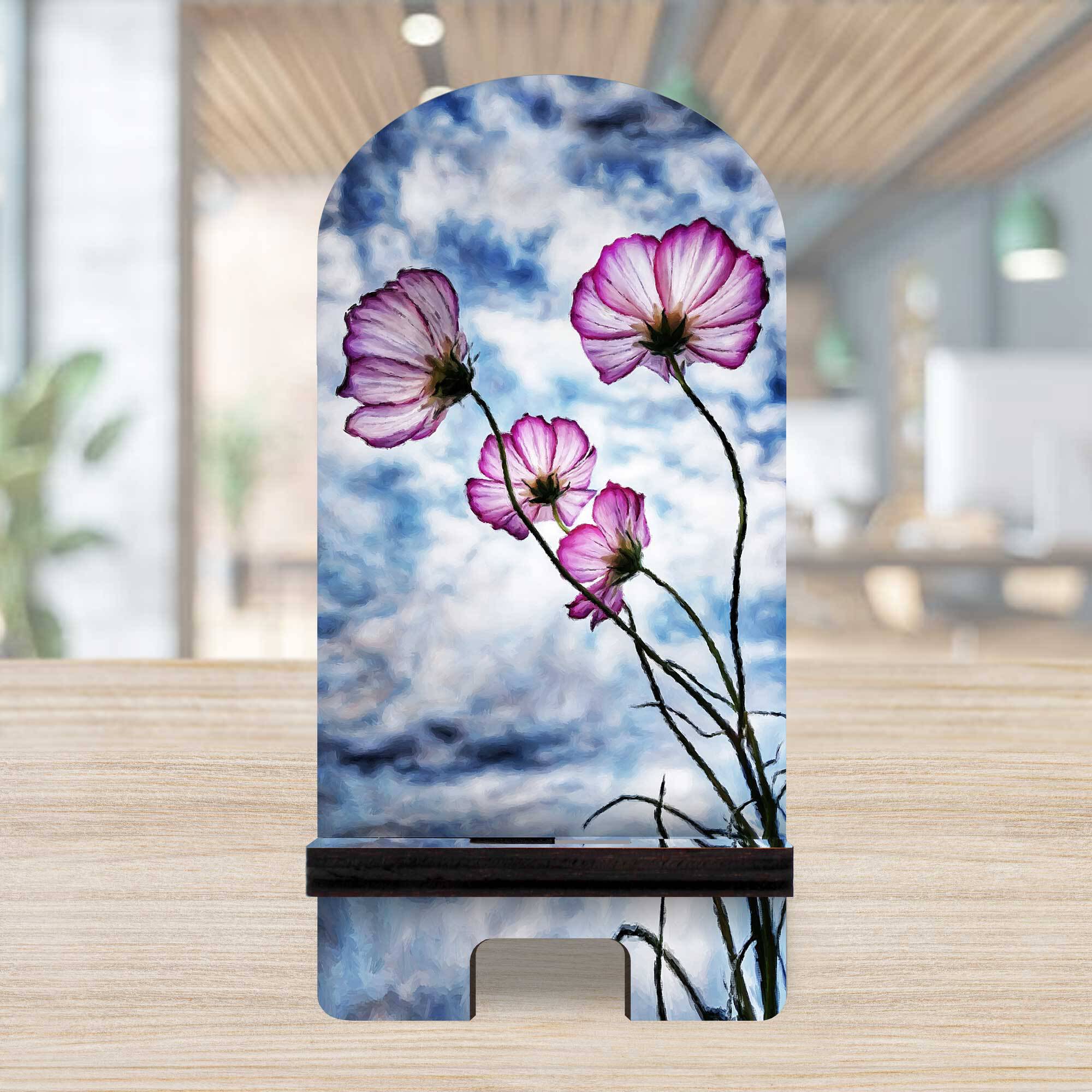 Designocracy 892049 6 x 3 x 3 in. Sky Flowers Decor Cell Phone Stand with Wood Mobile Holder Organizer