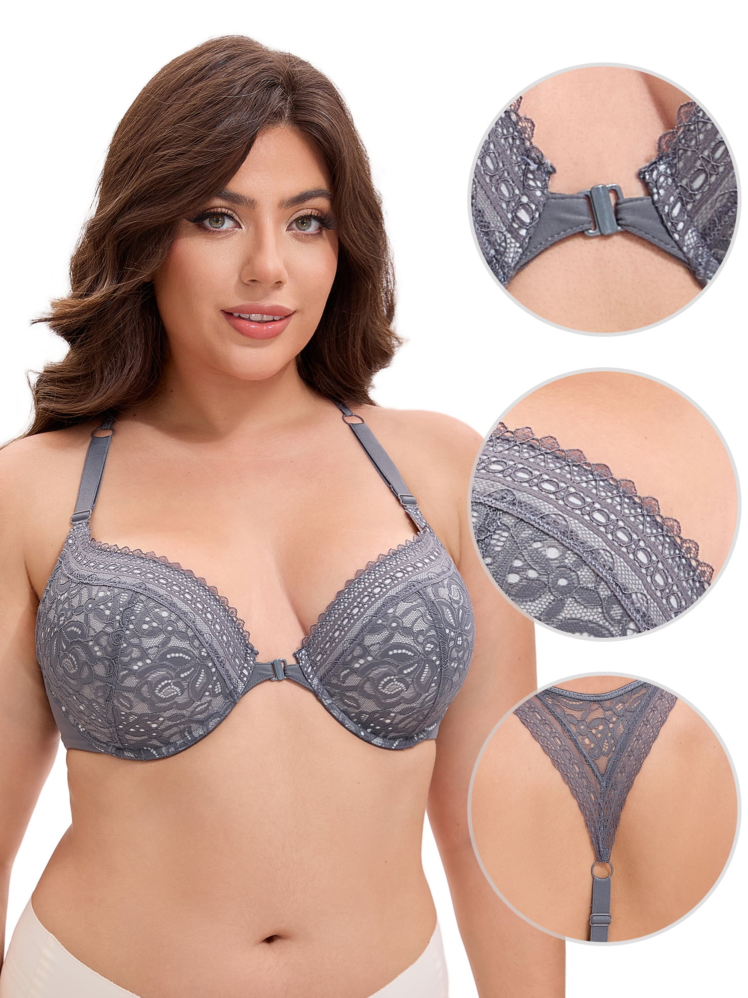Unique Bargains Women's Lace Front Closure Push Up Underwire Bras Grey 42 D