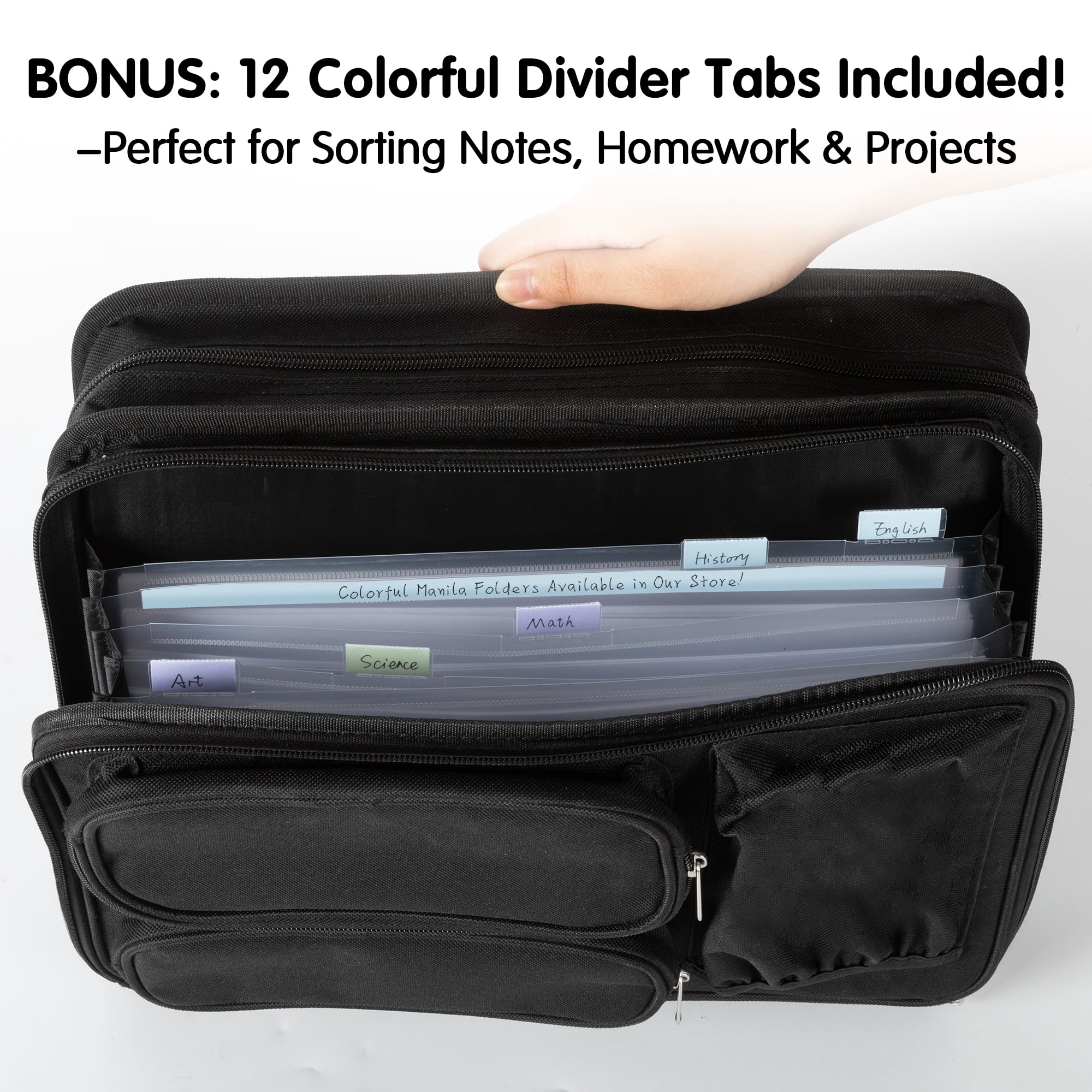 Deli Zipper Binder 2 inch 3 Ring 500 Sheet Capacity Multi-Pocket Binder with 6-Color Tabbes, Black