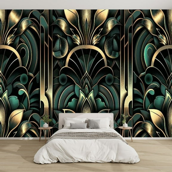 Modern Wallpaper Murals 3D Emerald Touched Gold Black Opulent Illustration Peel and Stick Removable Self-Adhesive PVC Wall Stickers for Nursery Kids Bedroom TV Wall Decor