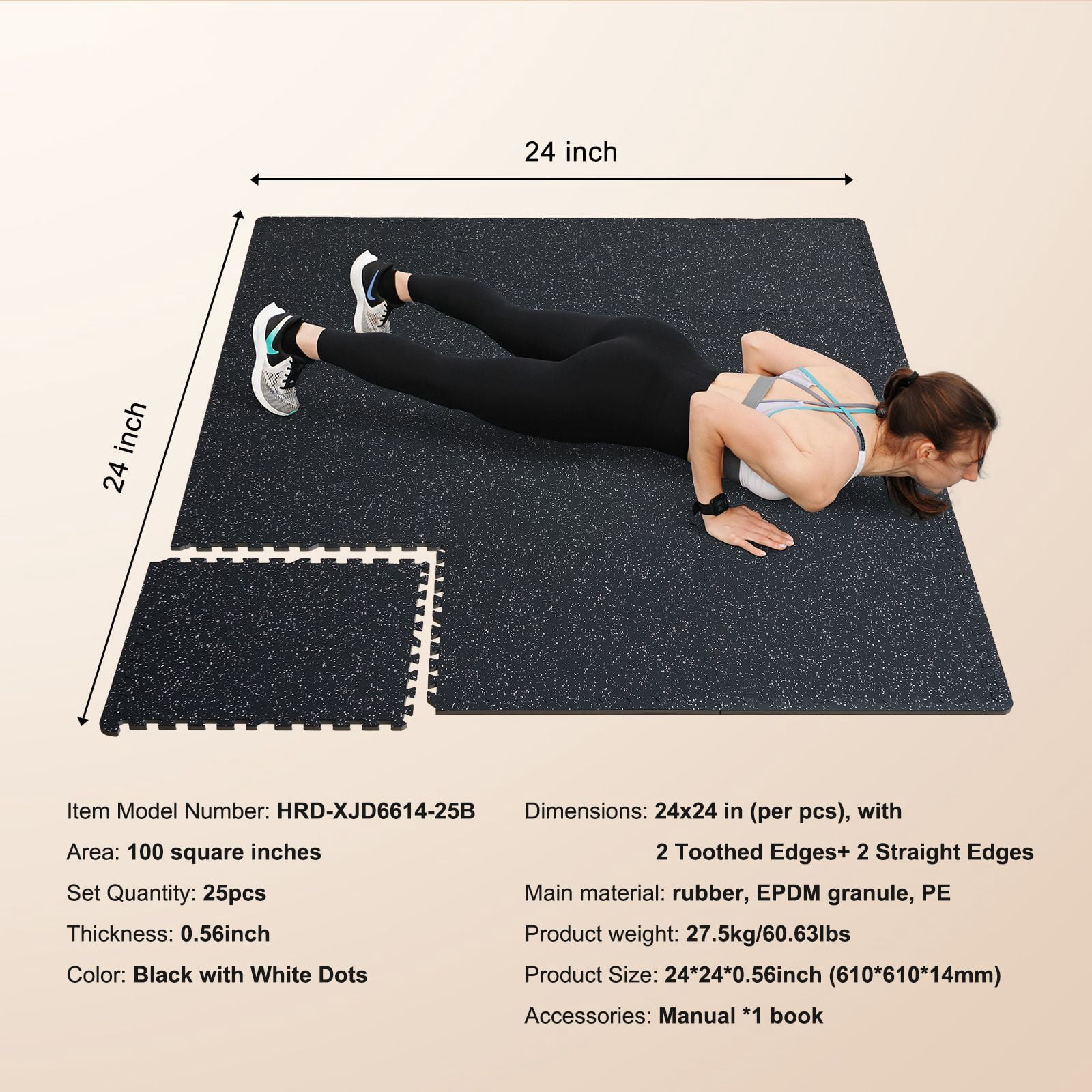 0.56" Thick Interlocking Gym Floor Mats, 25 Tiles (25"x25") Rubber Top/EVA Foam, 100sqft for Home Garage, Black/White