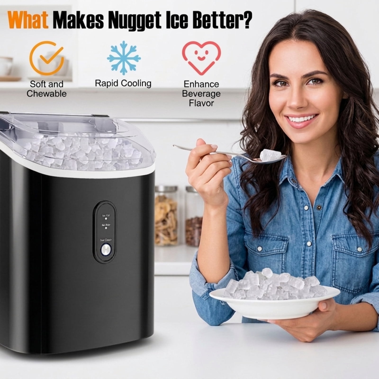 RUIE Nugget Ice Maker Countertop, Soft Chewable Pellet Ice Machine 34 lbs/Day for Home Kitchen Office Bar, Portable Ice Maker with Scoop, Black