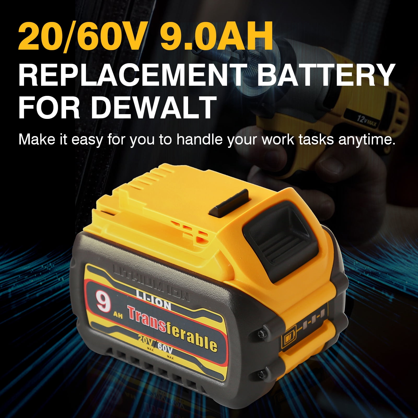 Sunbat 20V/60V 9.0Ah Battery Replacement for de--walt Battery 1 Pack