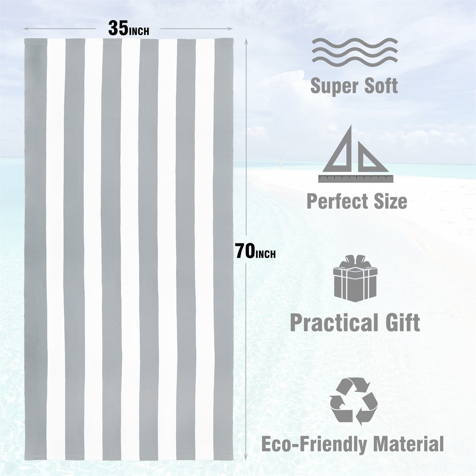 Large Oversized Beach Towel - Big Size Cotton 35 x 70 Inch Striped Pool Towel, Large Cabana Soft Swimming Towel for Adult Men Women, (Grey)
