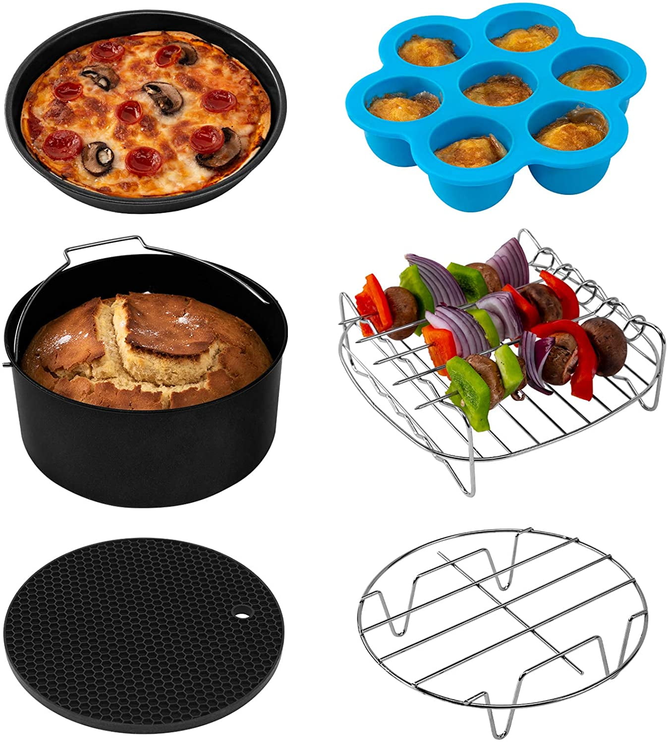 Air Fryer Skewer Rack Compatible with Philips Cosori Ninja Air Fryer  3.5-4.2L, 9Pcs Air Fryer Accessory Including Rack, Pizza Pan, Cake and Egg  Mold