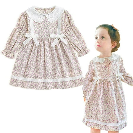 

Baby Girl Floral Dress Lace Bow Dress Toddler Dress Ruffl Long Sleeves Fall Spring Dress for Little Girl Flower Print Purple 2T