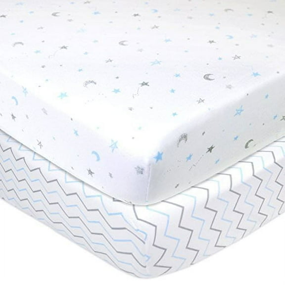 American Baby Company 2 Pack 100% Natural Cotton Fitted Crib Sheets 52" x 28" - Soft, Breathable, Hypoallergenic & Gentle Toddler Bed Sheets, Blue Stars/Zigzag, Neutral for Boys & Girls