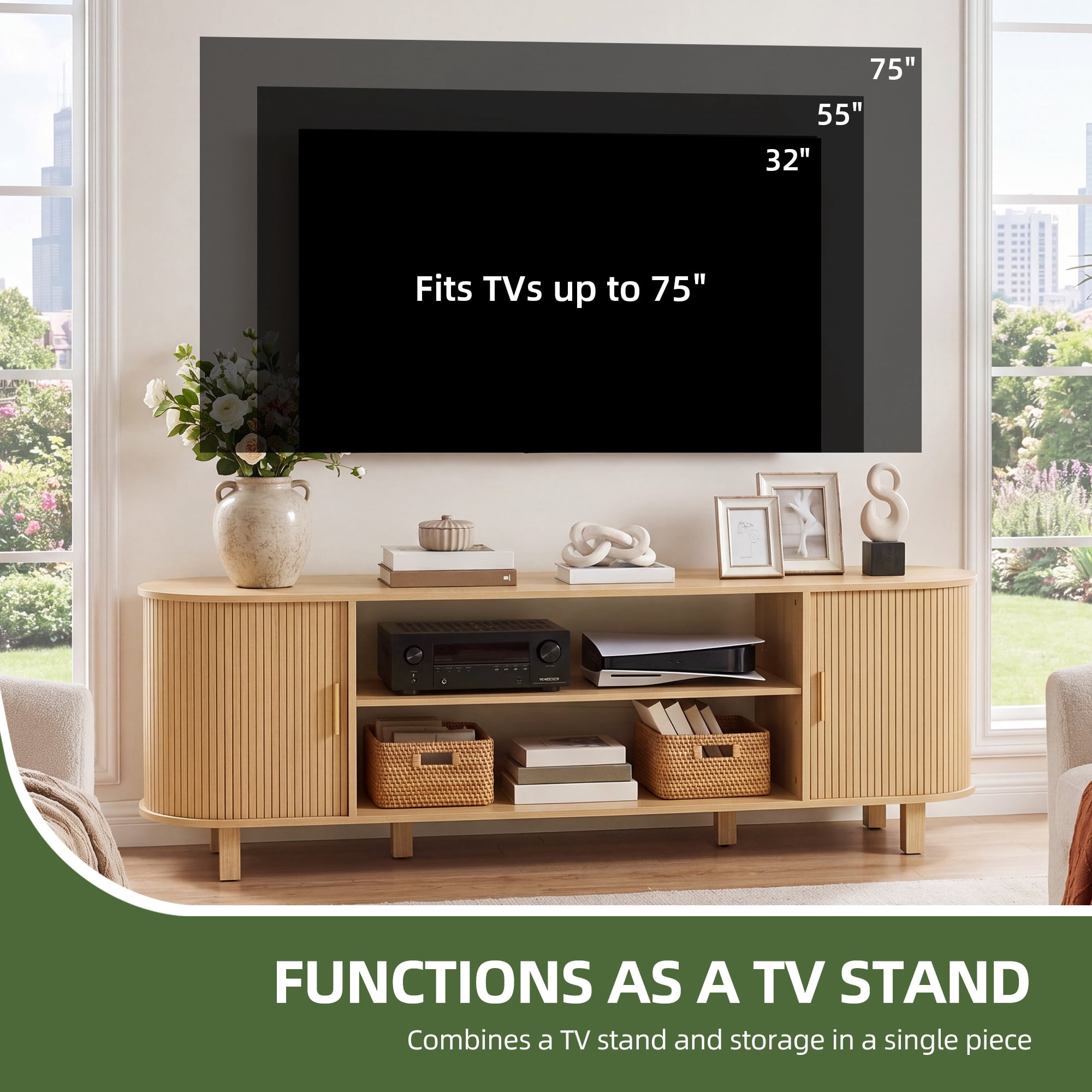 Uforic 70 Inch Mid Century Modern TV Stand with Fluted Rolling Doors and Adjustable Shelves, Fits Up to 75 Inch TV for Living Room, Beige
