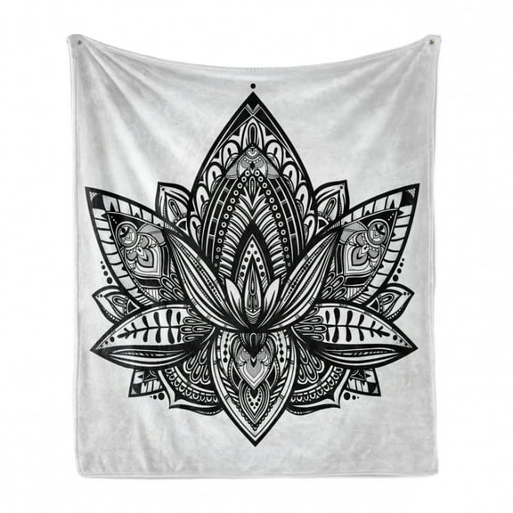 Black and White Soft Flannel Fleece Throw Blanket, Lotus Flower Paisley Leaves Yoga Style, Cozy Plush for Indoor and Outdoor Use, 50" x 60", Black and Grey, by Ambesonne