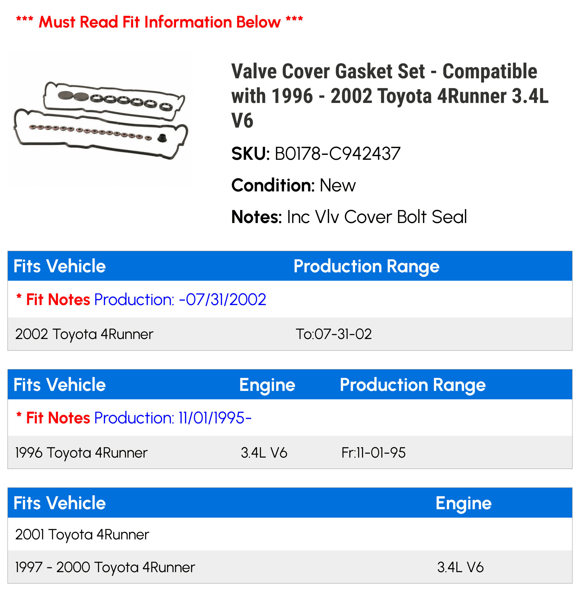 Valve Cover Gasket Set - Compatible with 1996 - 2002 Toyota 4Runner 3.4L V6 - Original