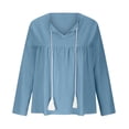 thumbnail image 4 of Moda mujer Casual manga larga cuello en V algodón lino sólido cordón suelta blusa Pompotops FGAJ13755, 4 of 5