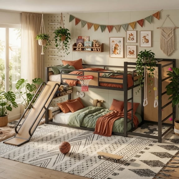 Twin XL Metal Loft Bed with Basketball Hoop, Slide, Climbing Wall, Pull-Up Rings & Bookshelves, Playful Activity Design, Black