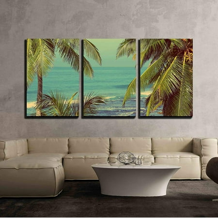 Palm Decor wall26 - 3 Piece Canvas Wall Art - Beautiful Blue Sea Landscape with Palm Leaves on Foreground - Vintage Retro Style - Modern Home Decor Stretched and Framed Ready to Hang - 16