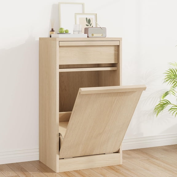 Natural Wood Tilt Out Trash Cabinet, Hidden Design Fits 10Gallon Bin Pet Proof Kitchen Living Room Garbage Storage Cabinet