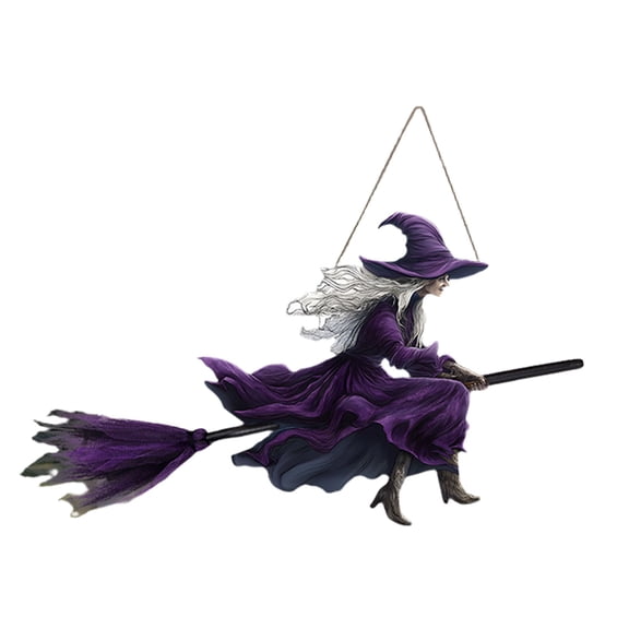 Purple Flying Witch Halloween Hanging Ornament, Spooky Broom Hanger for Front Door Porch, Festive Holiday Party Decoration